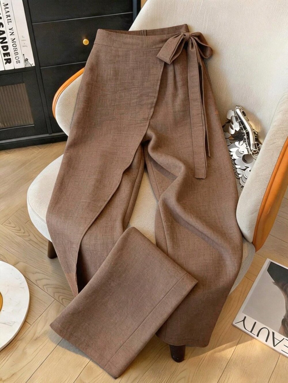 Brown Casual Elegant Women's High-Waist Wrap Wide-Leg Skort Pants - Picture 4 of 7